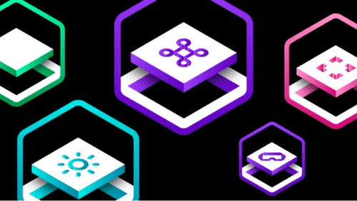 Eine Reihe isometrischer Symbole, umgeben von bunten Neon-Sechsecken, die verschiedene Softwareentwicklungsmodule oder Kernfunktionen der Engine darstellen.