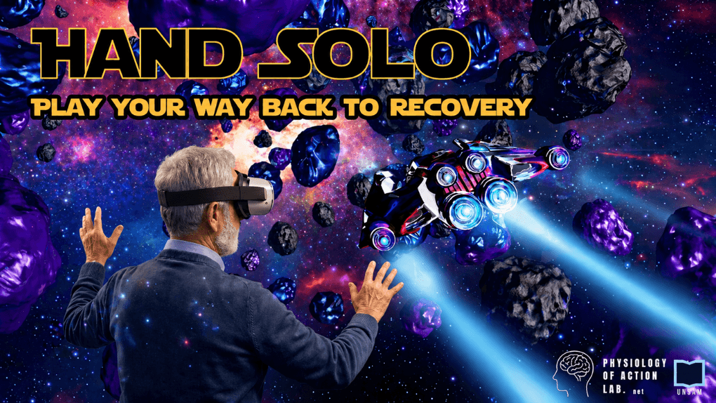Hand Solo banner showing a man in a VR headset using hand gestures to control a spaceship in an asteroid field for physical therapy recovery.