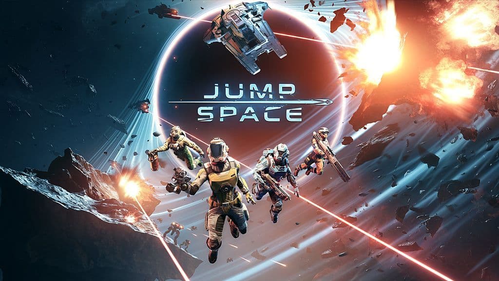 Alternativtext: Filmische Werbegrafik für das Spiel „Jump Space“, auf der Astronauten in einer Science-Fiction-Weltraumschlacht in der Nähe eines Schwarzen Lochs zu sehen sind.