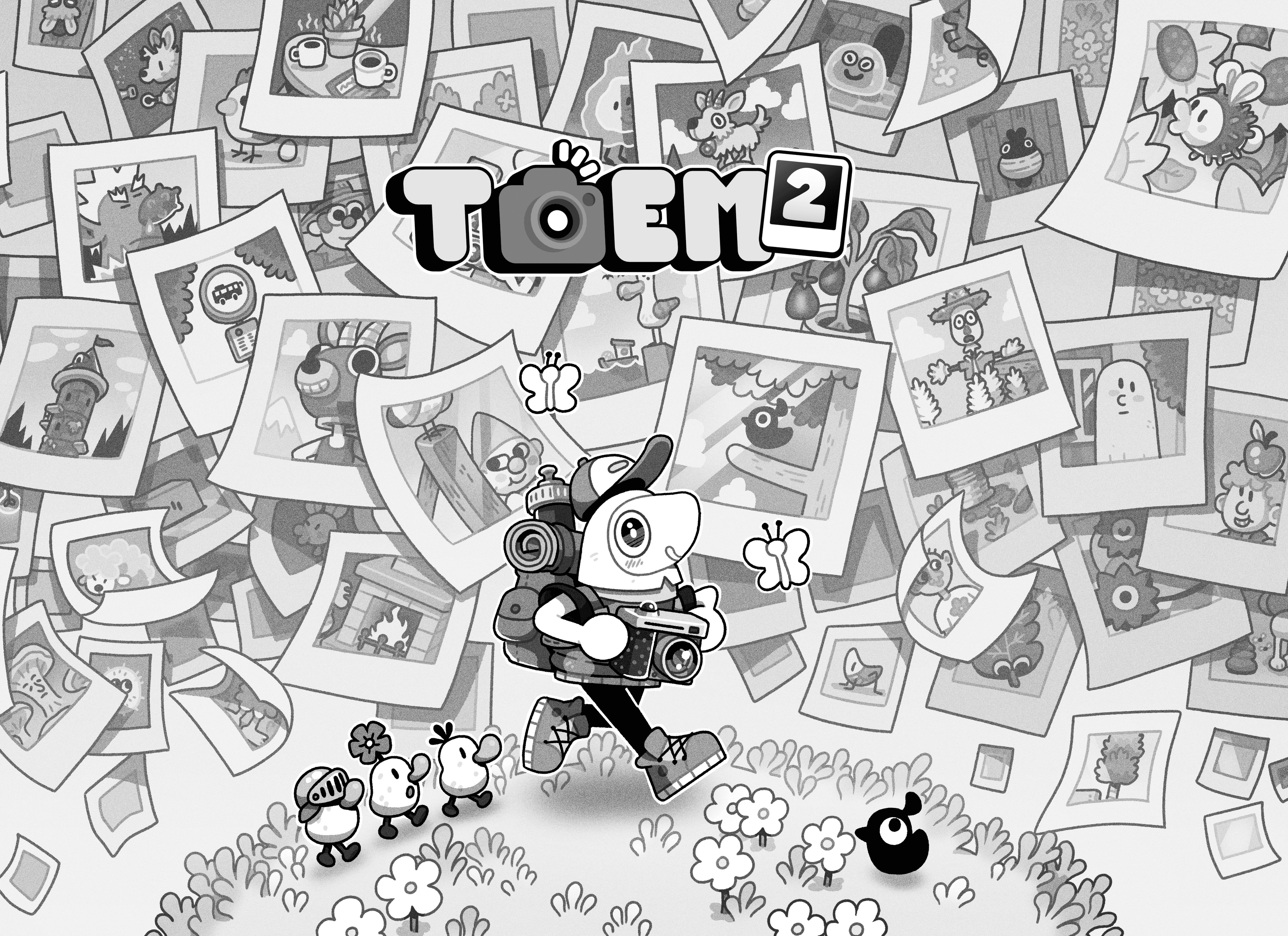 Something We Made 的 TOEM 2 Key艺术图,Made with Unity。一个用黑白渲染的卡通人物拿着一个Camera,背景中是无数的宝丽来照片。这只动物被三只小鸭子追着,被一只小黑鸟注视着。