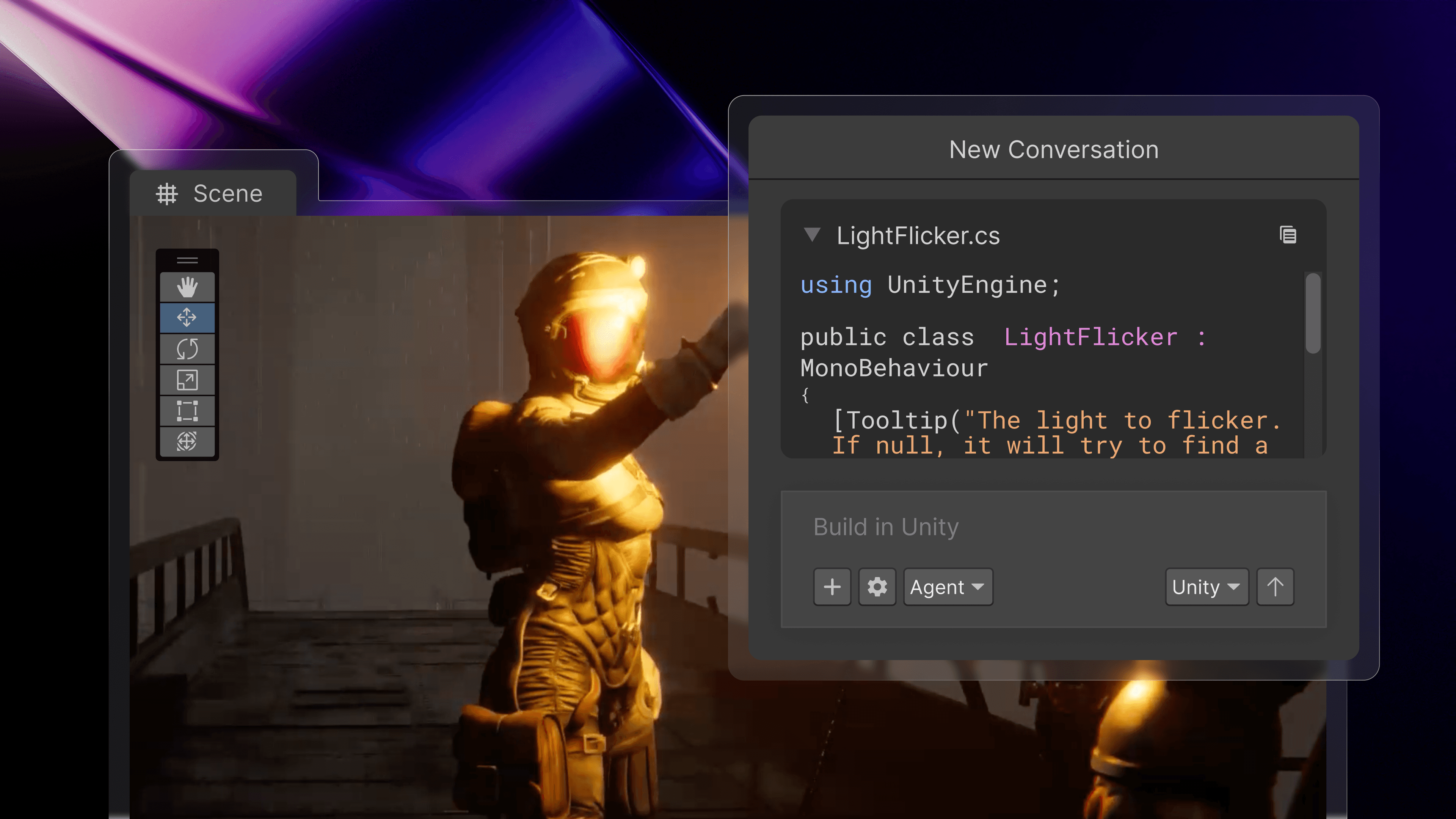 A screenshot showing the Unity AI agentic in-project assistance feature.