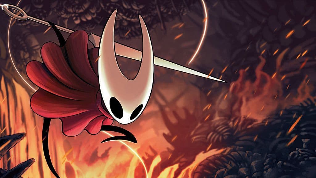 Stilisierte 2D-Action-Adventure-Grafik von Hornet aus „Hollow Knight: Silksong springt durch eine feurige Höhle.