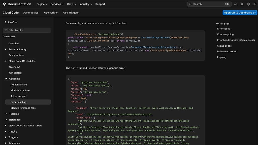 Ein Screenshot einer technischen Dokumentationsseite für Unity Cloud Code mit dunklem Hintergrund, auf der C#-Codeausschnitte und JSON-Fehlerantworten zu sehen sind.