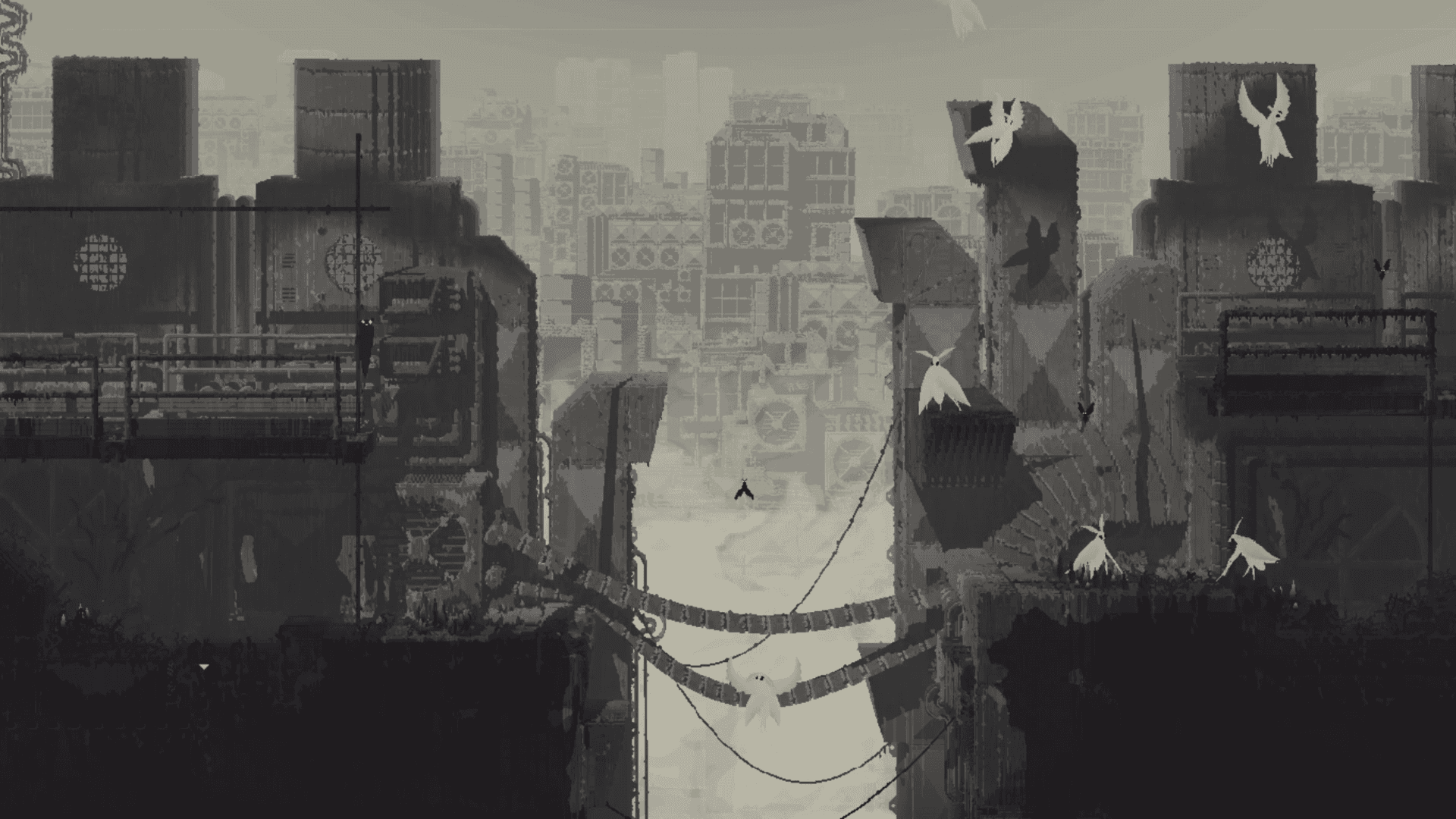 Screenshot aus Rain World: The Watcher von Videocult und Akupara Games | Made with Unity. Pixelgrafik-Screenshot einer in 2D gerenderten grauen Industrieumgebung. Weiße, engelsgleiche Kreaturen flattern um eine Kluft, die teilweise mit Kabeln und Drähten bedeckt ist.