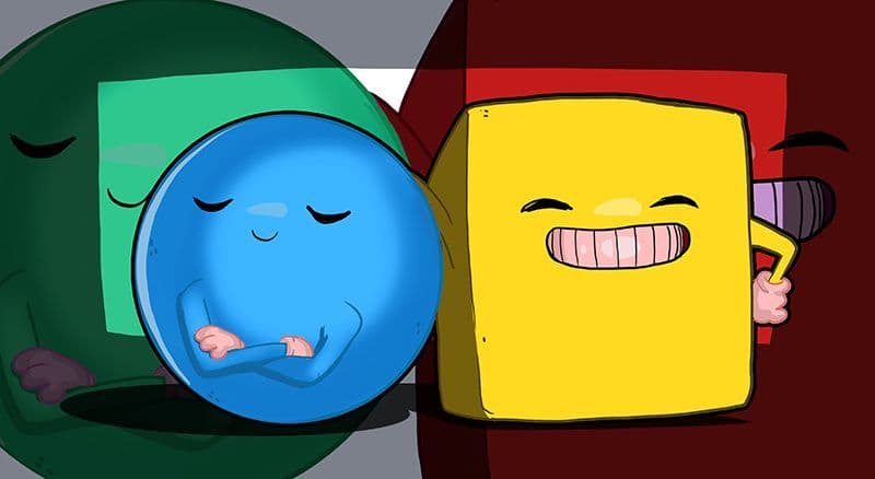 Eine lebendige 2D-Illustration mit anthropomorphen Figuren in Form einer blauen Kugel und eines gelben Würfels, im Hintergrund größere Versionen in Grün und Rot.