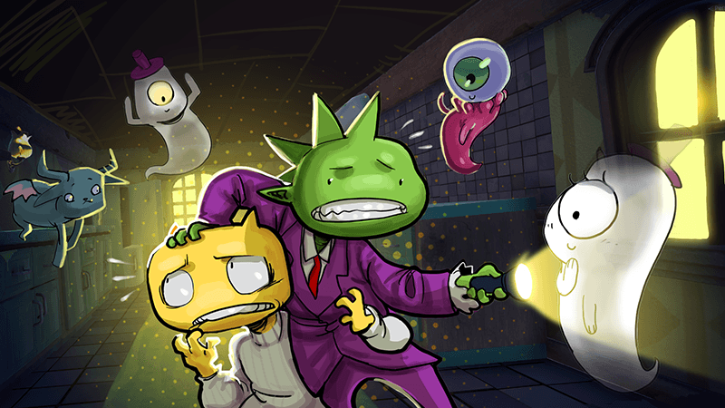Eine skurrile 2D-Illustration verschiedener Cartoon-Monster und Geister in einem schwach beleuchteten, gefliesten Raum, in dem eine grüne Kreatur in einem violetten Anzug mit einer Taschenlampe zu sehen ist.